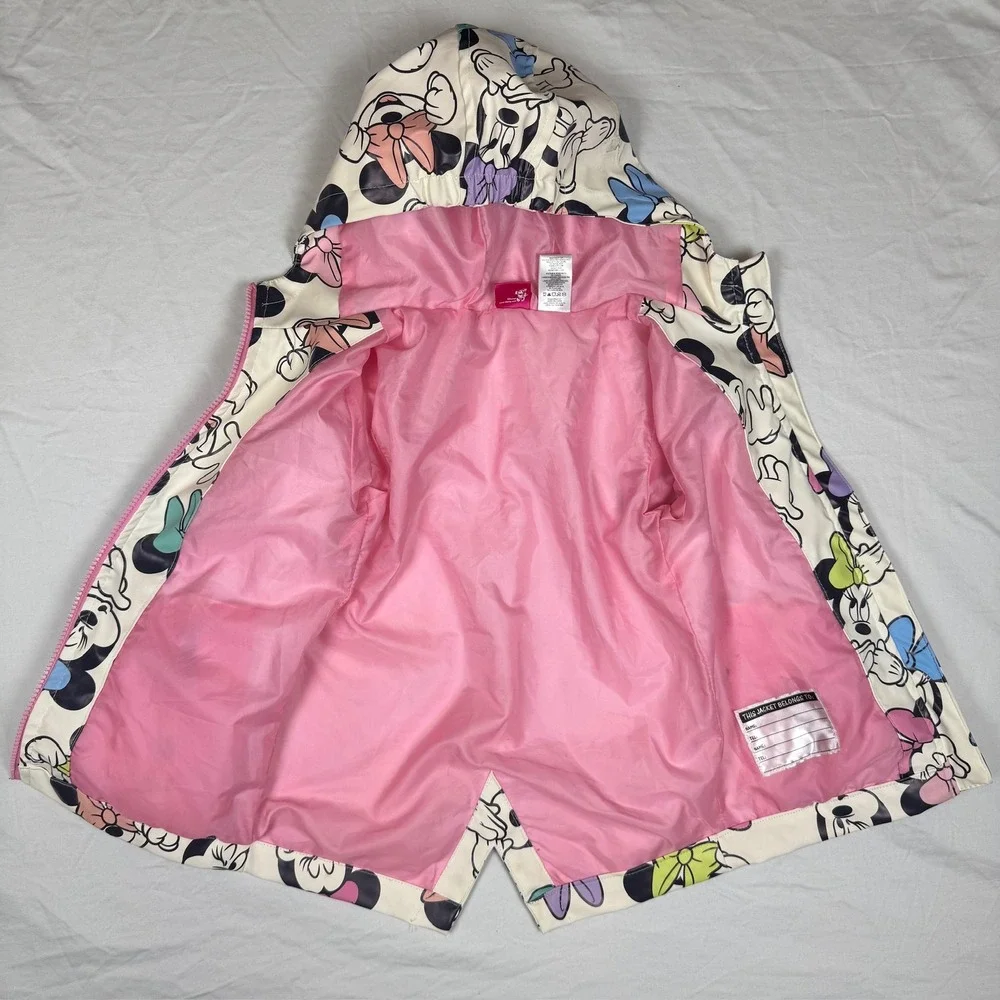 Disney Minnie Mouse Girls Hooded Rain Jacket Windbreaker White Pink Size 5/6